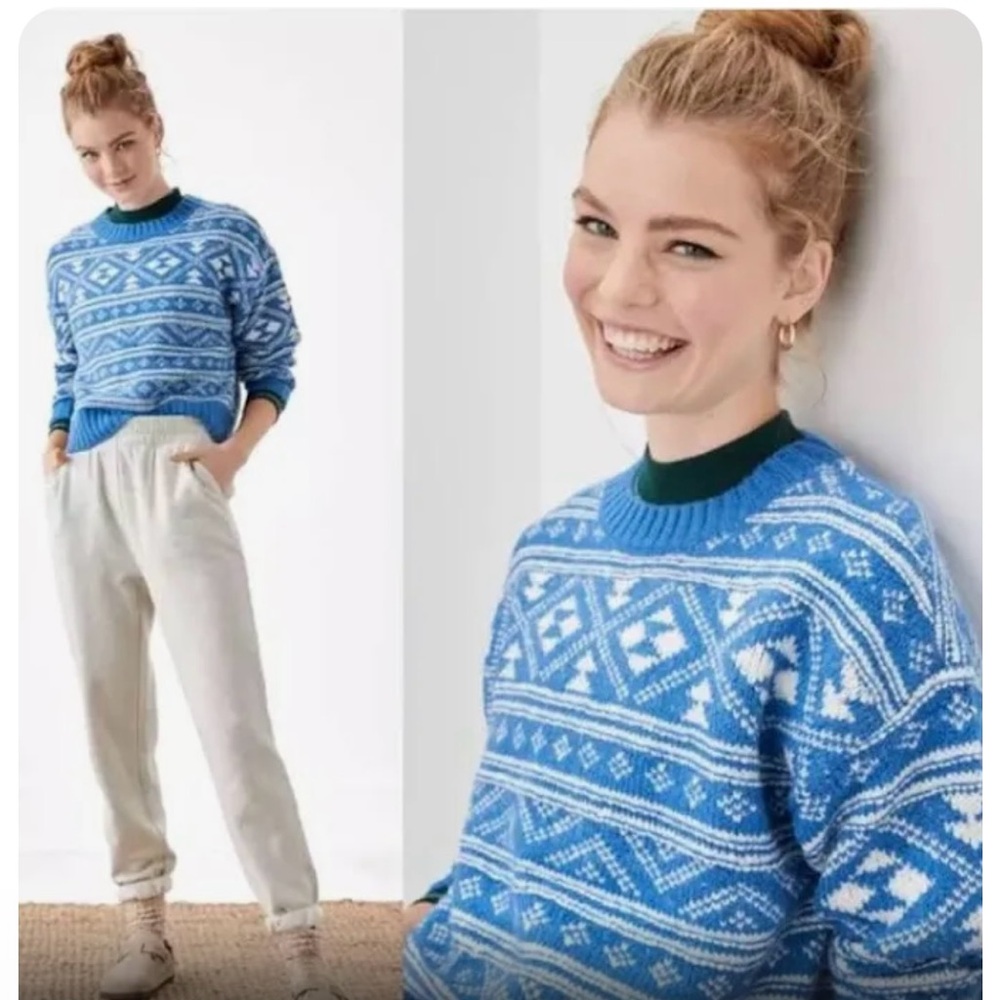 American Eagle S (M) NWT BLUE WHITE OVERSIZED FAIRISLE CROPPED HOLIDAY …